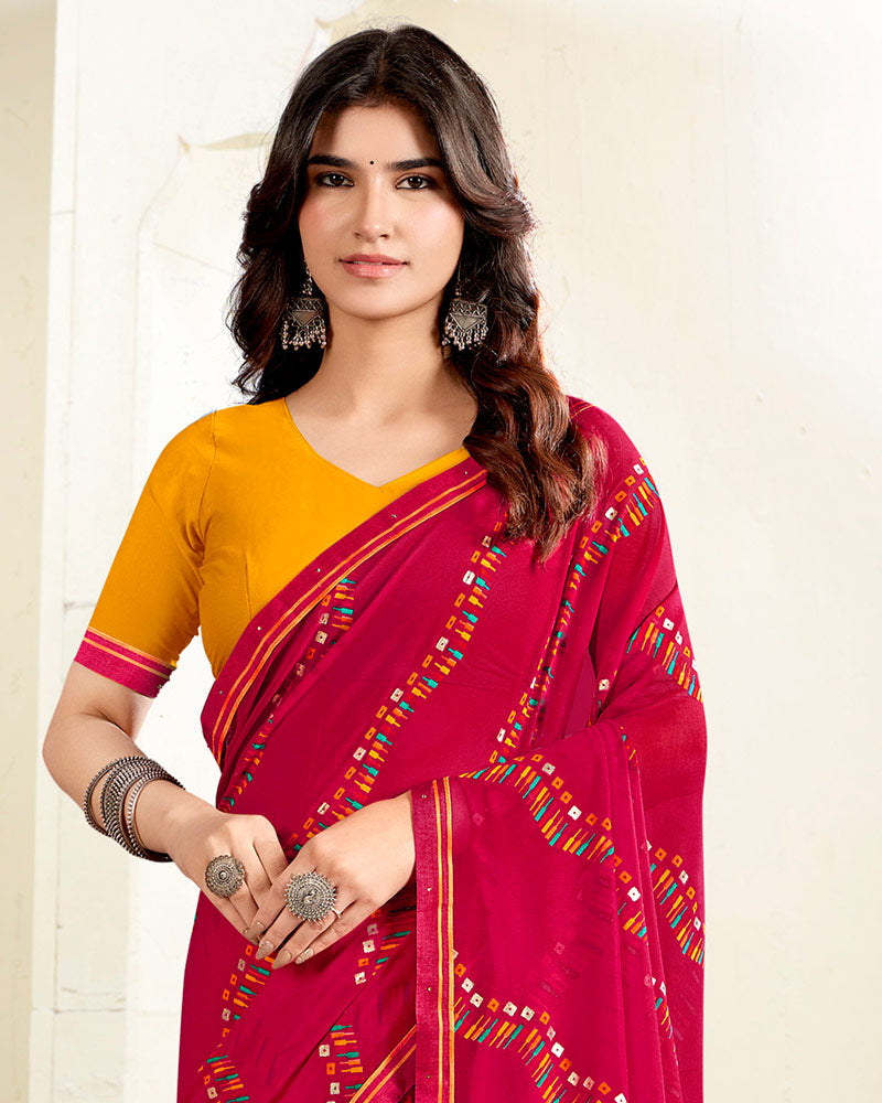 Vishal Prints Cherry Red Printed Georgette Saree With Fancy Border
