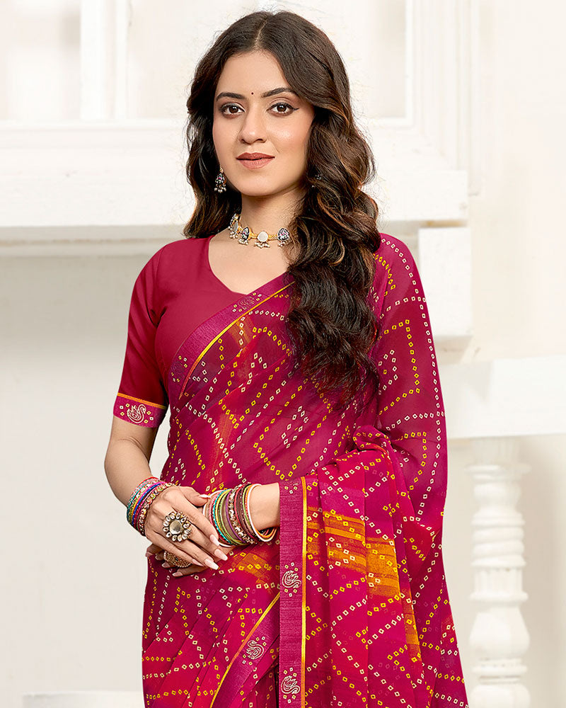 Vishal Prints Reddish Purple Printed Georgette Saree With Fancy Border