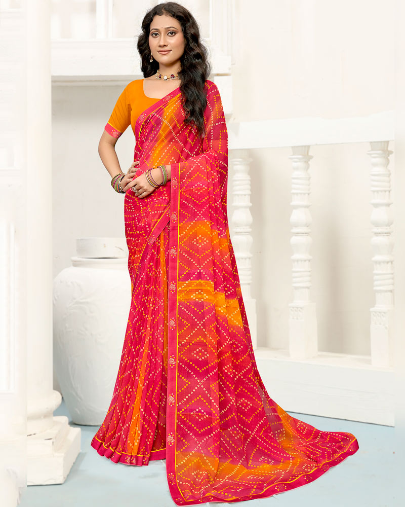 Vishal Prints Reddish Pink Printed Georgette Saree With Fancy Border