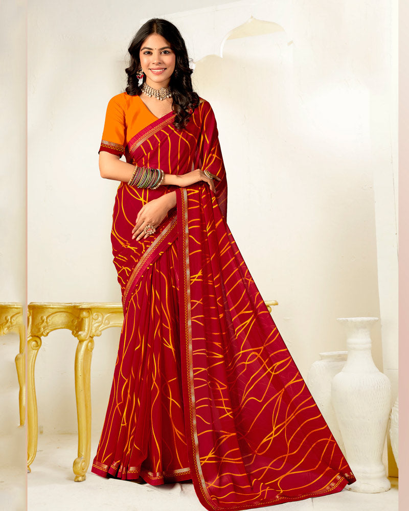 Vishal Prints Crimson Red Printed Georgette Saree With Fancy Border