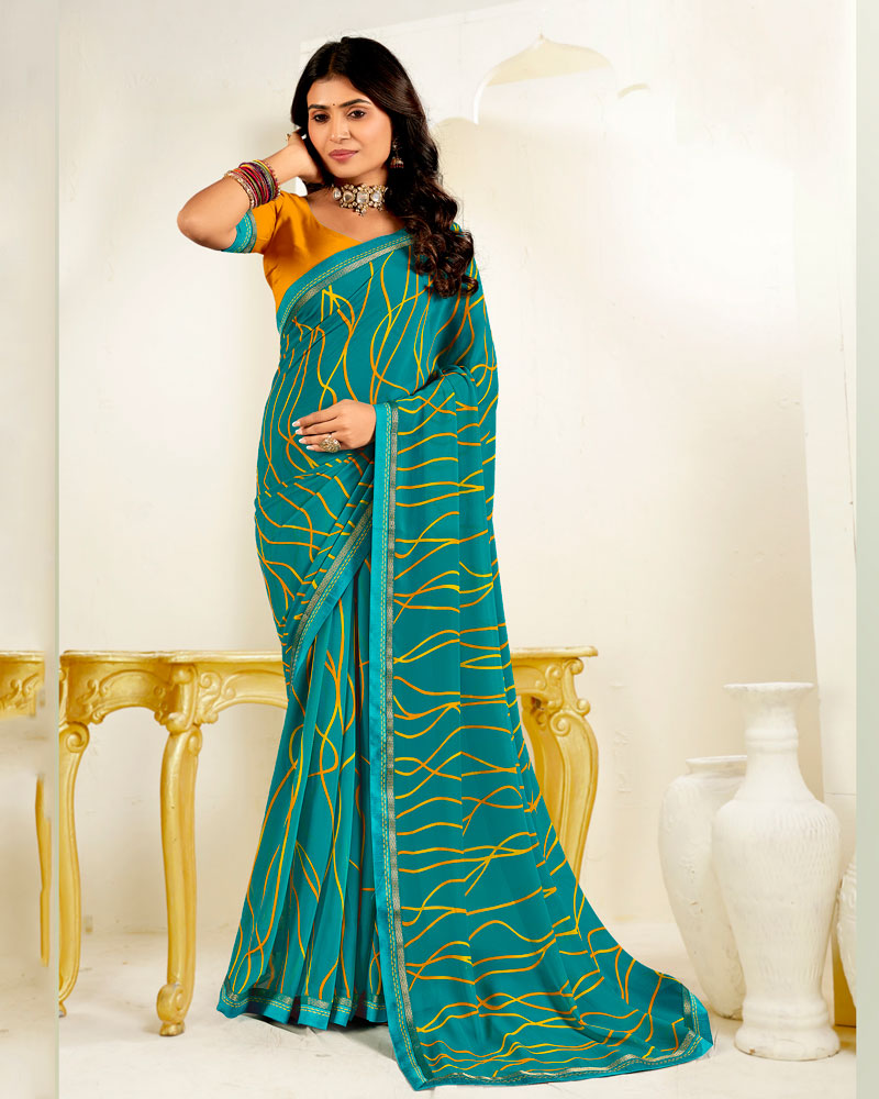 Vishal Prints Dark Aqua Green Printed Georgette Saree With Fancy Border