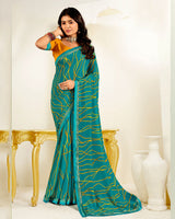 Vishal Prints Dark Aqua Green Printed Georgette Saree With Fancy Border