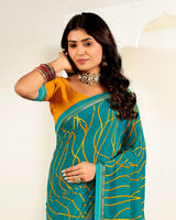 Vishal Prints Dark Aqua Green Printed Georgette Saree With Fancy Border