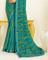 Vishal Prints Dark Aqua Green Printed Georgette Saree With Fancy Border