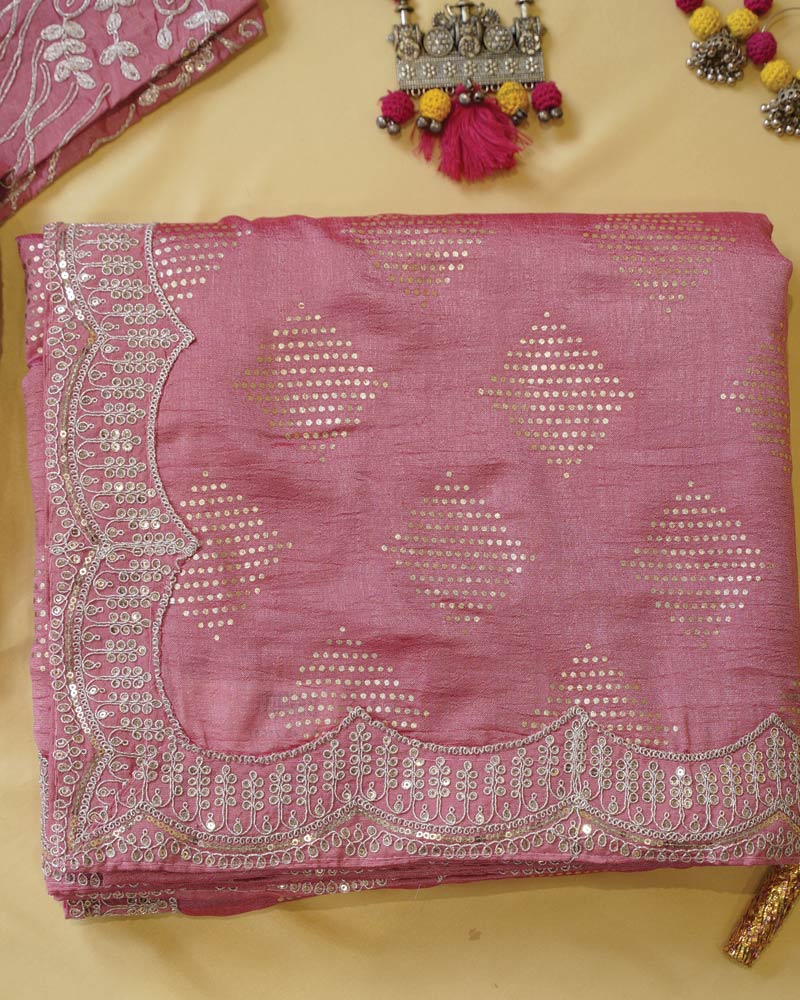 Baby Pink Designer Raw Silk Saree With Foil Print And Sequence Embroidery Work
