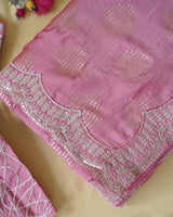 Baby Pink Designer Raw Silk Saree With Foil Print And Sequence Embroidery Work