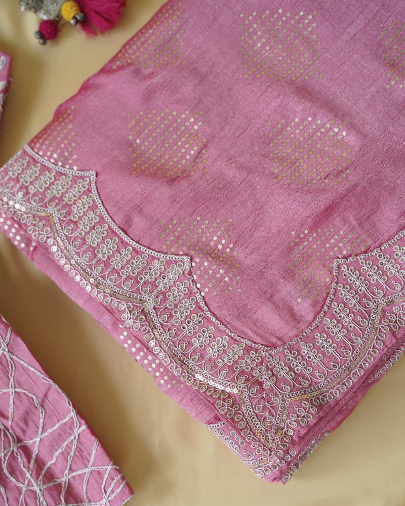 Baby Pink Designer Raw Silk Saree With Foil Print And Sequence Embroidery Work