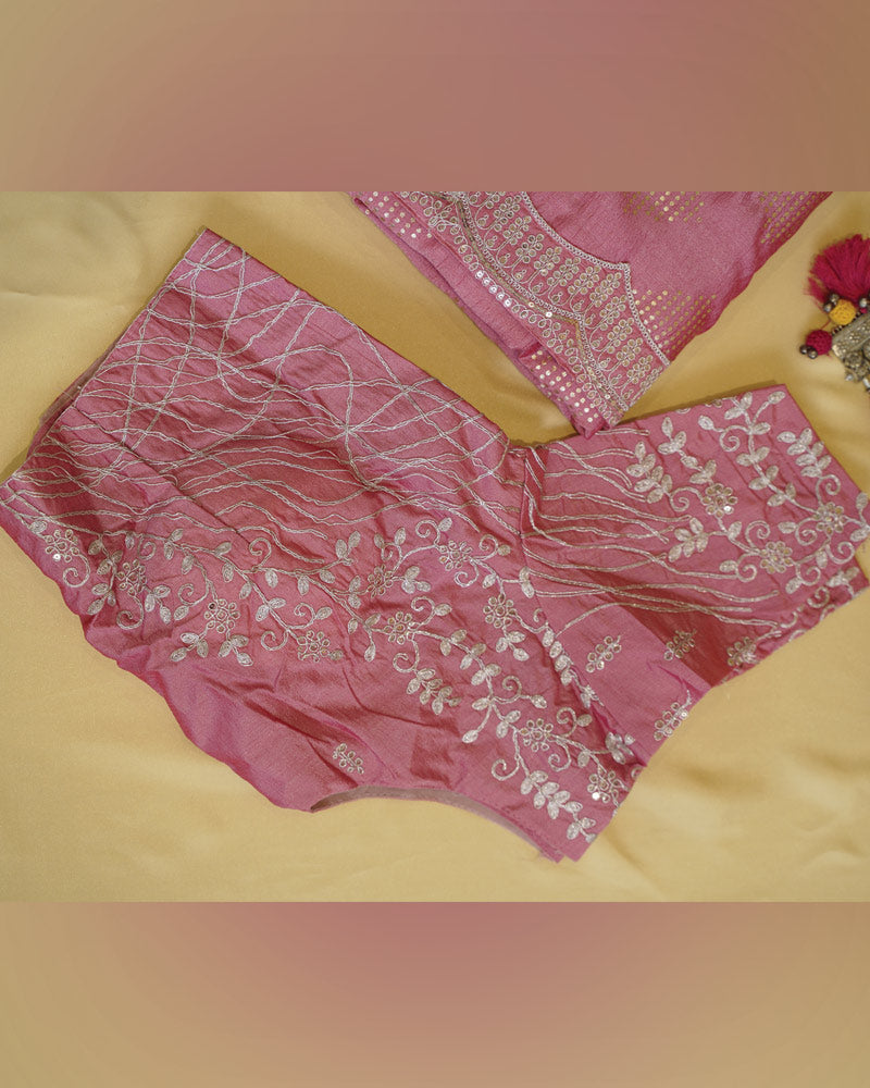 Baby Pink Designer Raw Silk Saree With Foil Print And Sequence Embroidery Work