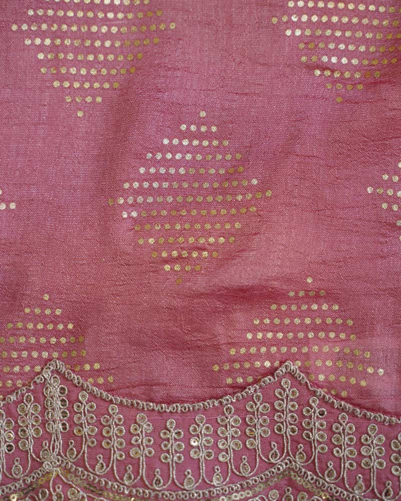 Baby Pink Designer Raw Silk Saree With Foil Print And Sequence Embroidery Work