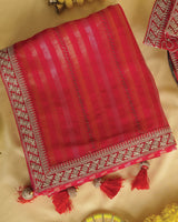 Milano Red Fancy Chiffon Saree With Diamond Work And Zari Border