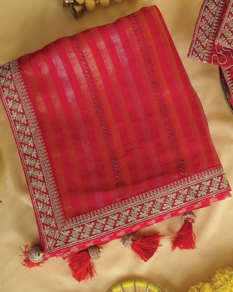 Milano Red Fancy Chiffon Saree With Diamond Work And Zari Border
