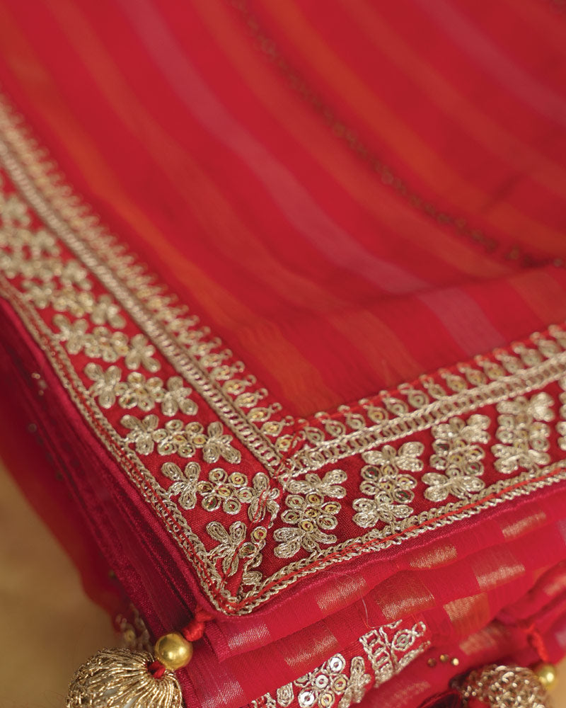 Milano Red Fancy Chiffon Saree With Diamond Work And Zari Border