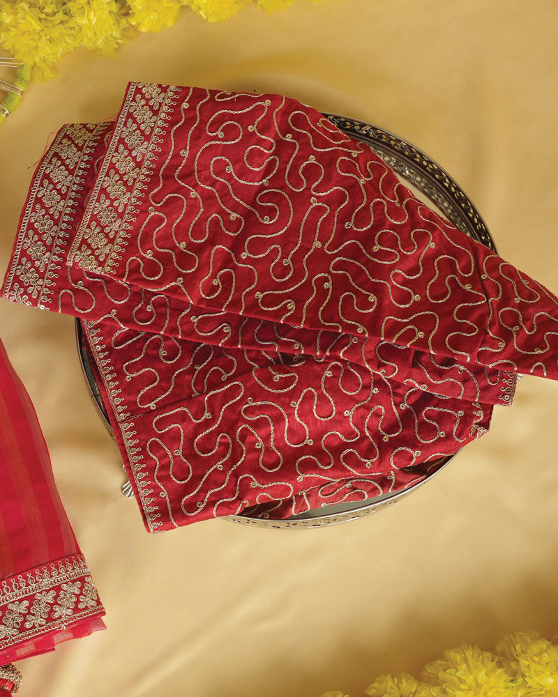 Milano Red Fancy Chiffon Saree With Diamond Work And Zari Border