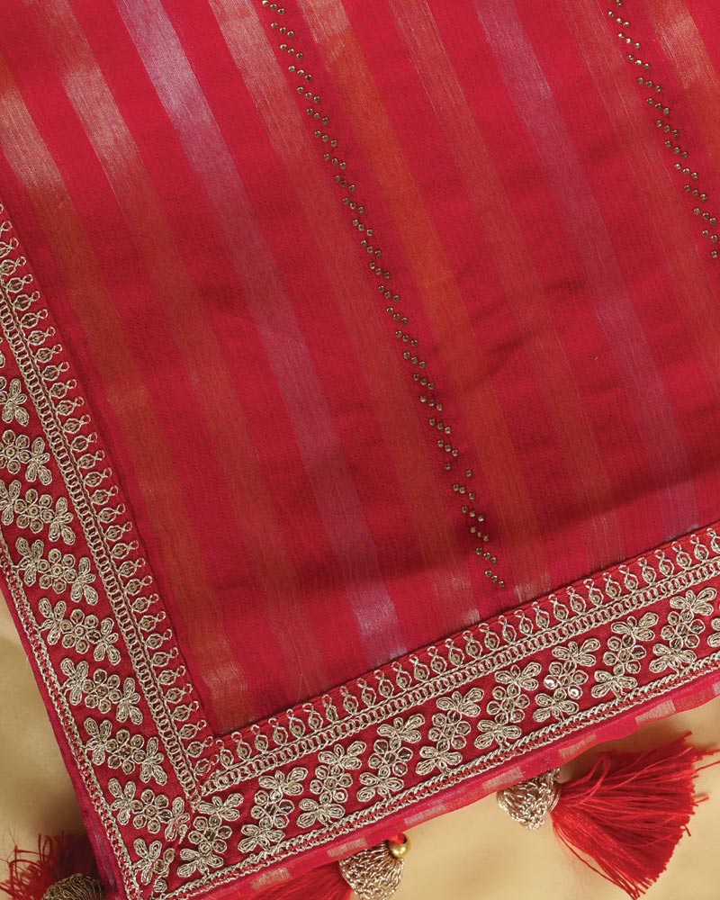 Milano Red Fancy Chiffon Saree With Diamond Work And Zari Border