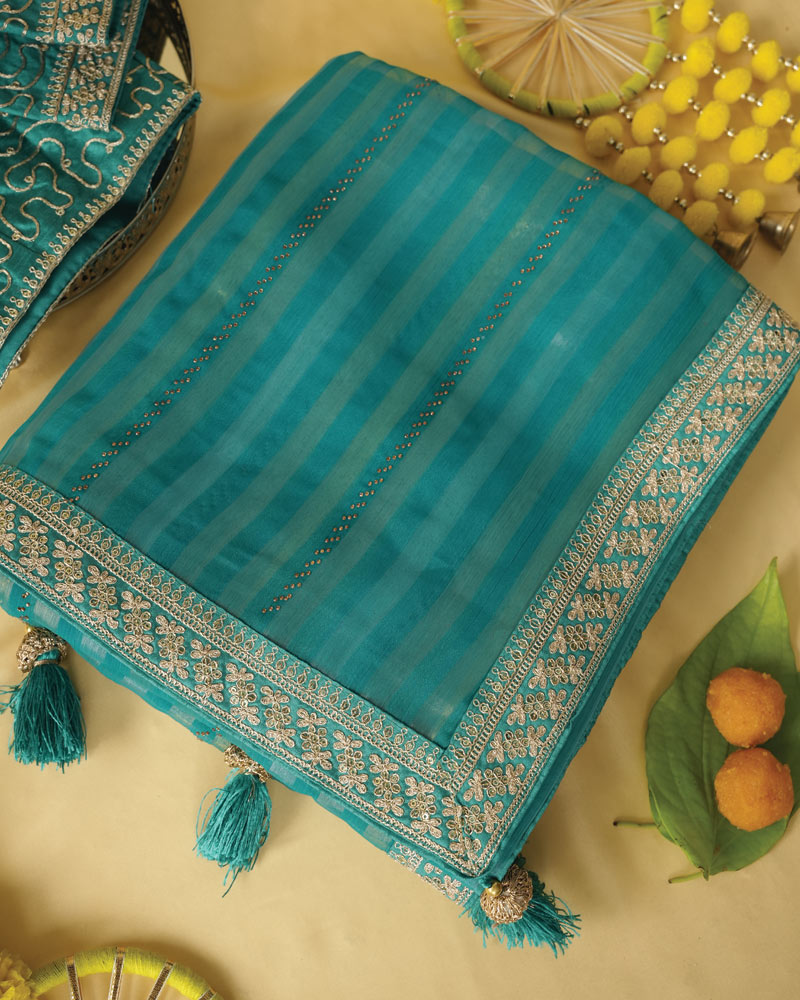 Tropical Green Fancy Chiffon Saree With Diamond Work And Zari Border