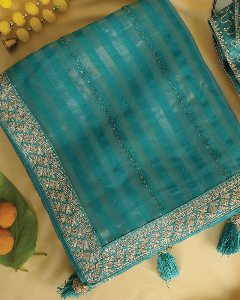 Tropical Green Fancy Chiffon Saree With Diamond Work And Zari Border