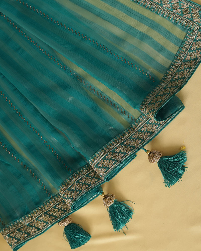Tropical Green Fancy Chiffon Saree With Diamond Work And Zari Border