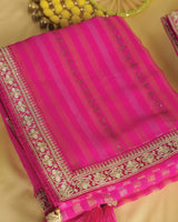 Dark Hot Pink Fancy Chiffon Saree With Diamond Work And Zari Border
