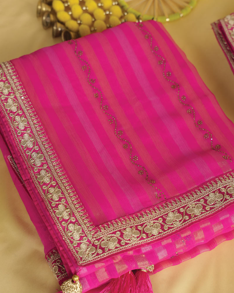 Dark Hot Pink Fancy Chiffon Saree With Diamond Work And Zari Border