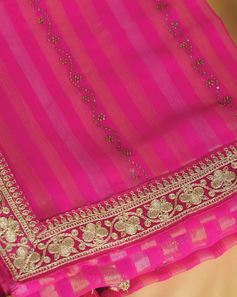 Dark Hot Pink Fancy Chiffon Saree With Diamond Work And Zari Border