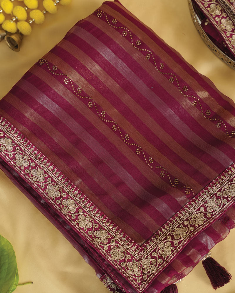Wine Berry Fancy Chiffon Saree With Diamond Work And Zari Border