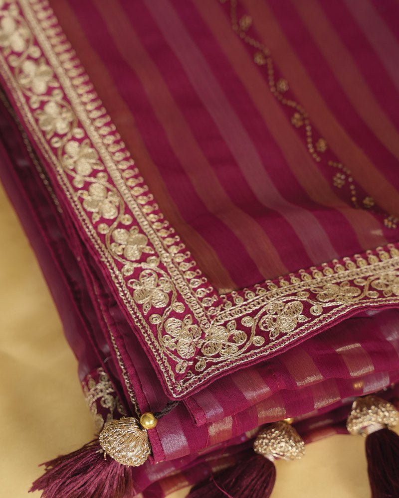 Wine Berry Fancy Chiffon Saree With Diamond Work And Zari Border
