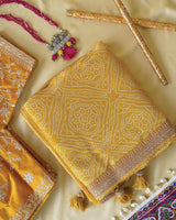 Turmeric Yellow Designer Pure Viscose Traditional Print Saree With Weaved Zari Lining-Embroidery Work And Tassel