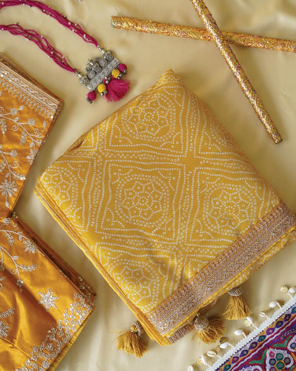 Turmeric Yellow Designer Pure Viscose Traditional Print Saree With Weaved Zari Lining-Embroidery Work And Tassel