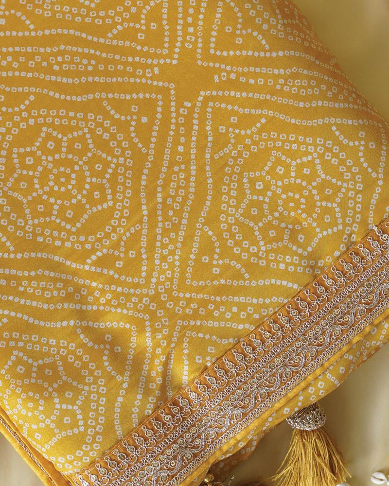 Turmeric Yellow Designer Pure Viscose Traditional Print Saree With Weaved Zari Lining-Embroidery Work And Tassel