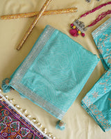 Fountain Blue Designer Pure Viscose Traditional Print Saree With Weaved Zari Lining-Embroidery Work And Tassel
