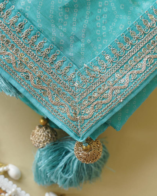 Fountain Blue Designer Pure Viscose Traditional Print Saree With Weaved Zari Lining-Embroidery Work And Tassel