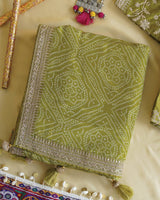 Mehandi Green Designer Pure Viscose Traditional Print Saree With Weaved Zari Lining-Embroidery Work And Tassel