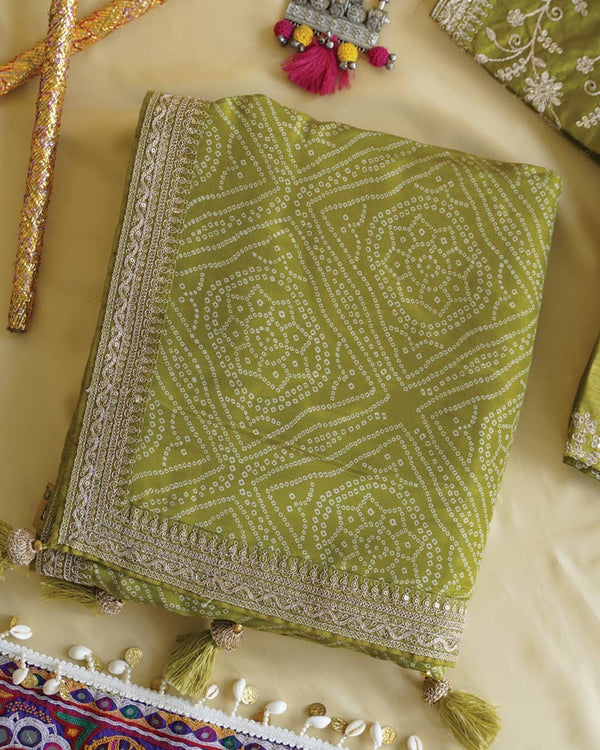 Mehandi Green Designer Pure Viscose Traditional Print Saree With Weaved Zari Lining-Embroidery Work And Tassel