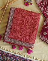 Milano Red Designer Pure Viscose Traditional Print Saree With Weaved Zari Lining-Embroidery Work And Tassel