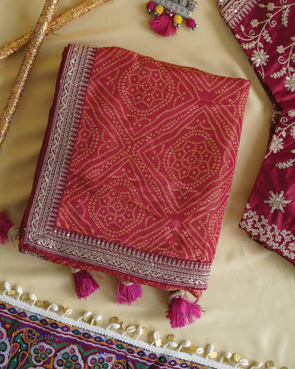 Milano Red Designer Pure Viscose Traditional Print Saree With Weaved Zari Lining-Embroidery Work And Tassel