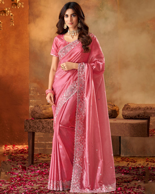 Vishal Prints Deep Blush Pink Crushed Zari Chiffon Saree With Swarovski-Embroidery Butti And Cut Work Jarkan Border