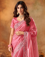 Vishal Prints Deep Blush Pink Crushed Zari Chiffon Saree With Swarovski-Embroidery Butti And Cut Work Jarkan Border