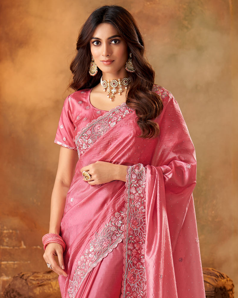 Vishal Prints Deep Blush Pink Crushed Zari Chiffon Saree With Swarovski-Embroidery Butti And Cut Work Jarkan Border