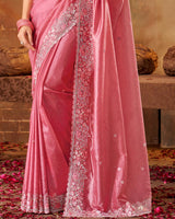 Vishal Prints Deep Blush Pink Crushed Zari Chiffon Saree With Swarovski-Embroidery Butti And Cut Work Jarkan Border
