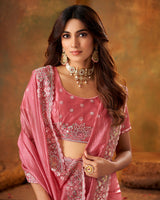 Vishal Prints Deep Blush Pink Crushed Zari Chiffon Saree With Swarovski-Embroidery Butti And Cut Work Jarkan Border