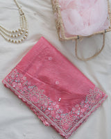 Vishal Prints Salmon Pink Tissue Organza Saree With Multi Sequence Embroidery-Diamond Work And Cut Work Border