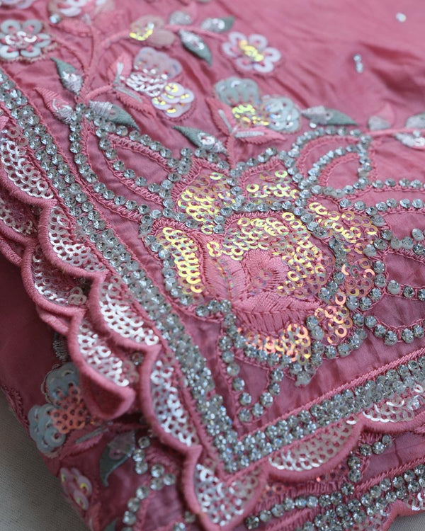 Vishal Prints Salmon Pink Tissue Organza Saree With Multi Sequence Embroidery-Diamond Work And Cut Work Border