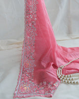 Vishal Prints Salmon Pink Tissue Organza Saree With Multi Sequence Embroidery-Diamond Work And Cut Work Border