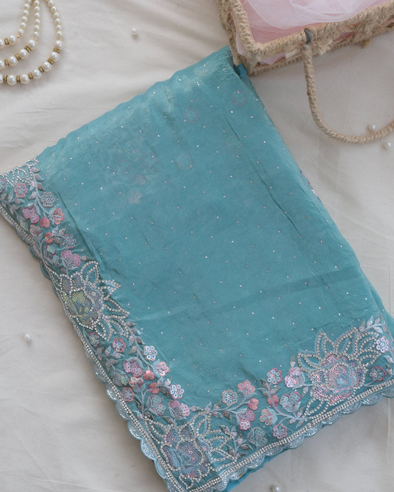Vishal Prints Dusty Blue Tissue Organza Saree With Multi Sequence Embroidery-Diamond Work And Cut Work Border