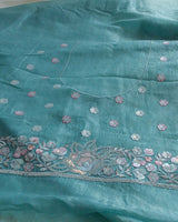 Vishal Prints Dusty Blue Tissue Organza Saree With Multi Sequence Embroidery-Diamond Work And Cut Work Border