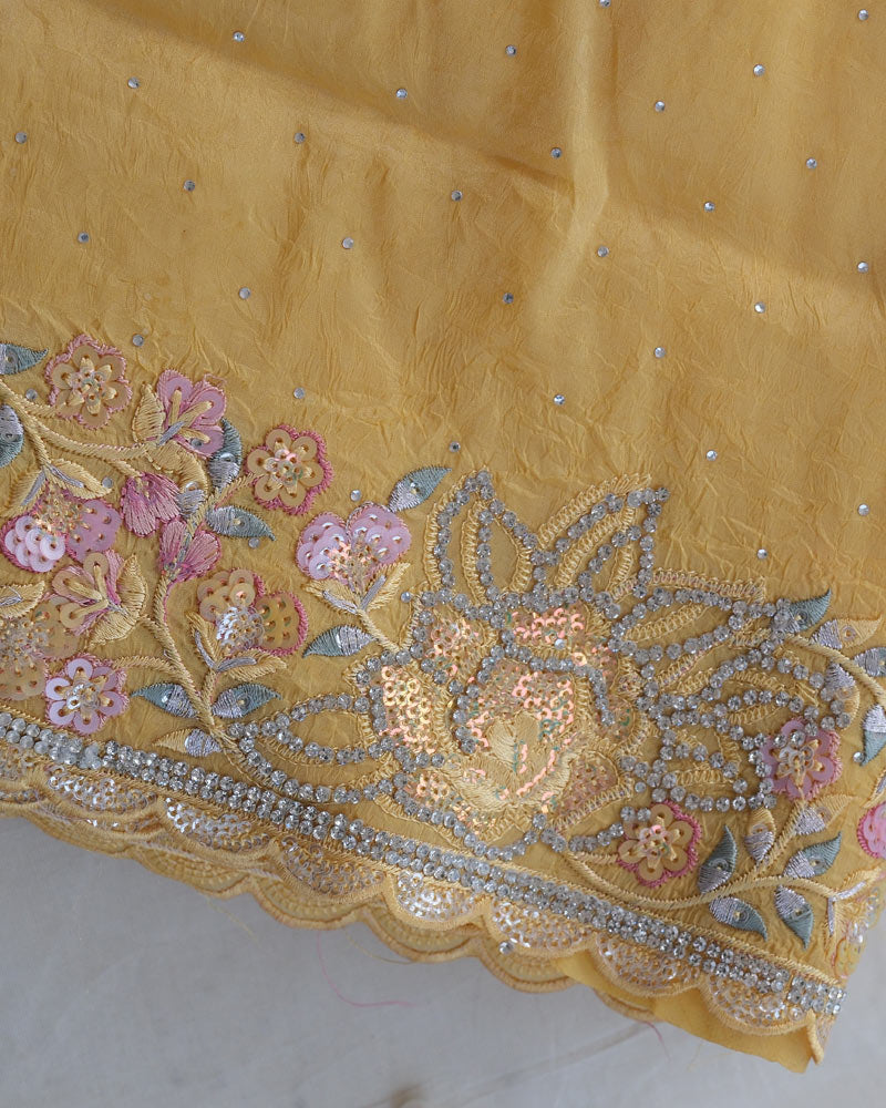 Vishal Prints Mustard Yellow Tissue Organza Saree With Multi Sequence Embroidery-Diamond Work And Cut Work Border