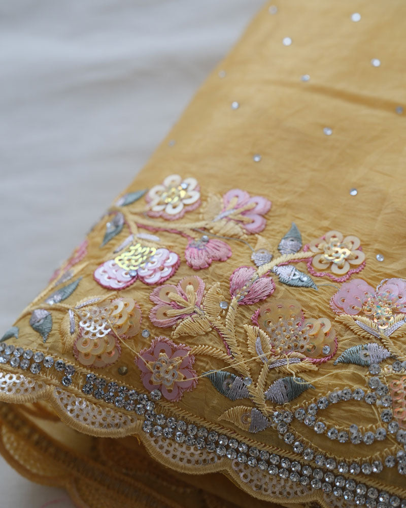Vishal Prints Mustard Yellow Tissue Organza Saree With Multi Sequence Embroidery-Diamond Work And Cut Work Border