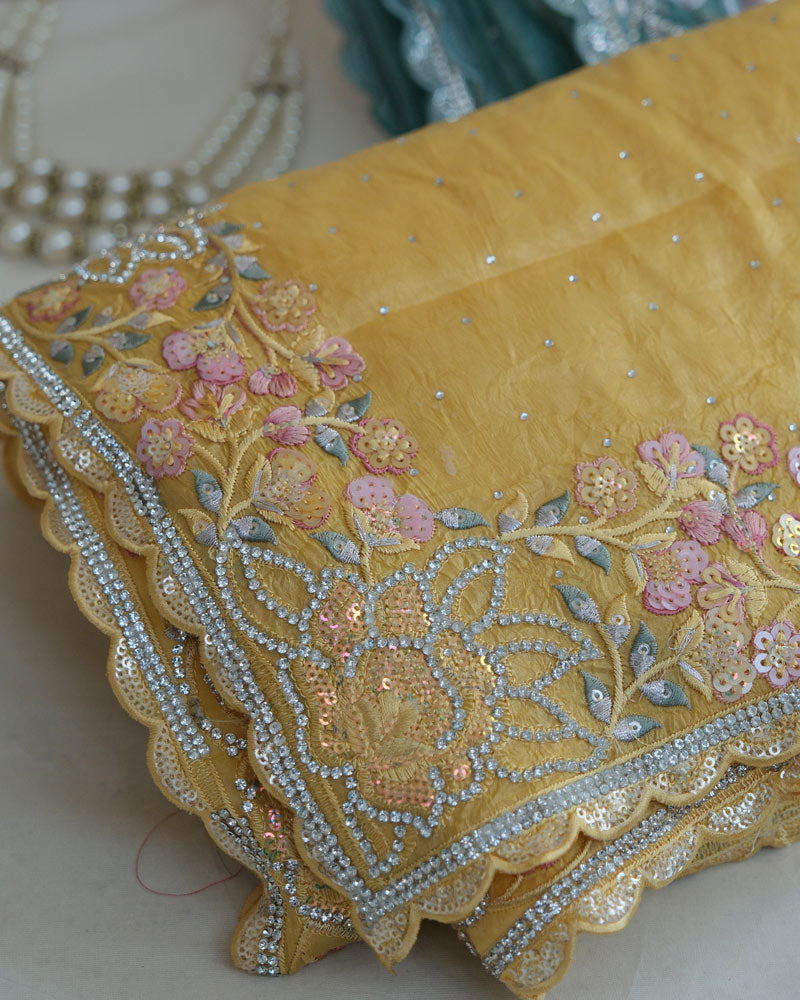 Vishal Prints Mustard Yellow Tissue Organza Saree With Multi Sequence Embroidery-Diamond Work And Cut Work Border