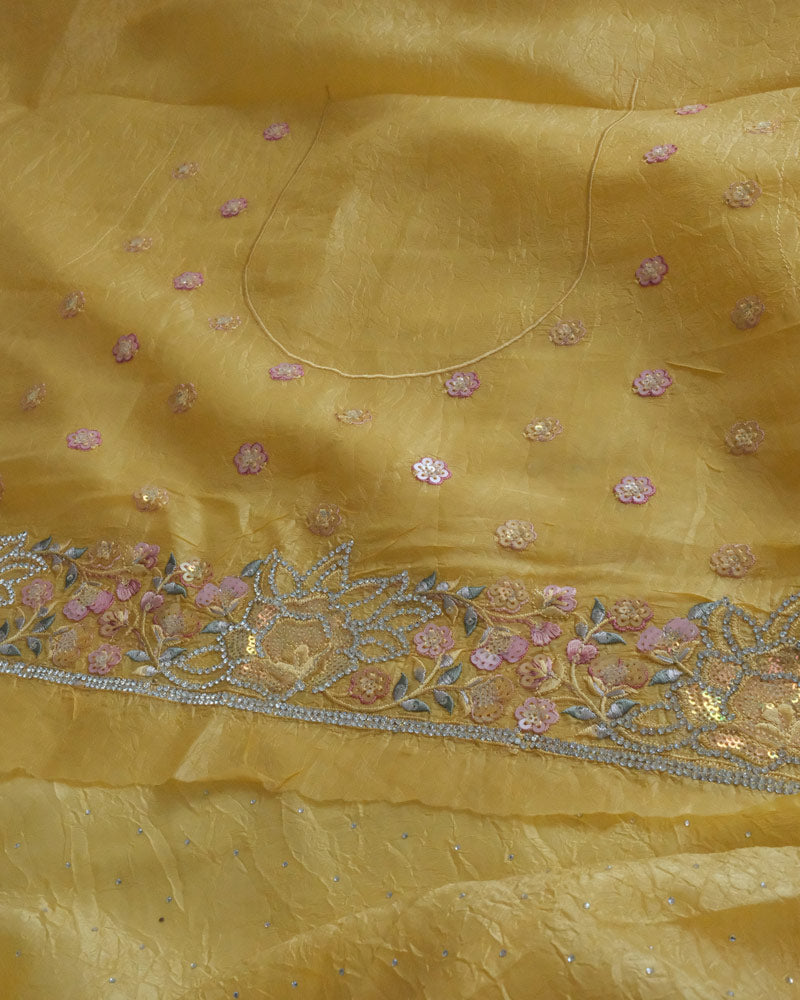 Vishal Prints Mustard Yellow Tissue Organza Saree With Multi Sequence Embroidery-Diamond Work And Cut Work Border