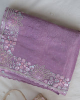 Vishal Prints Dusty Purple Tissue Organza Saree With Multi Sequence Embroidery-Diamond Work And Cut Work Border